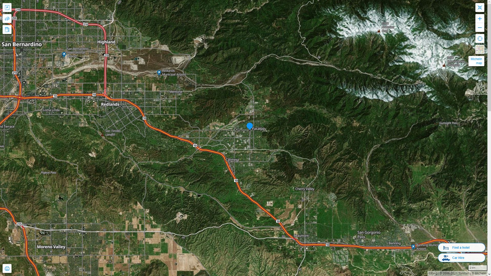 Yucaipa California Highway and Road Map with Satellite View
